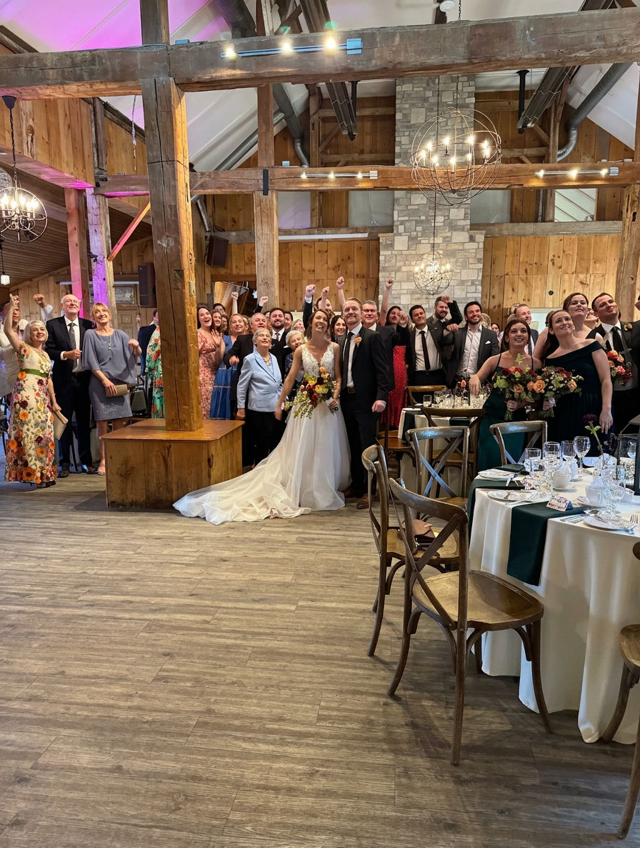 Bride and groom celebrating with guests inside a rustic reception hall