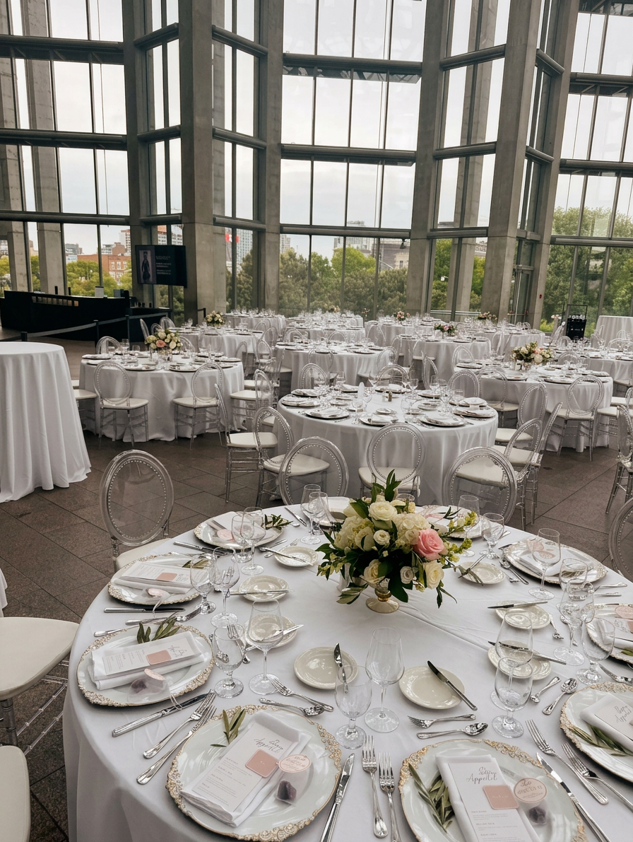 Modern glass venue set for a refined wedding reception