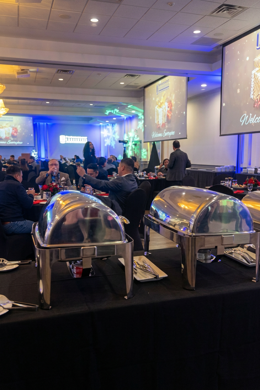 Evening gala with buffet service and blue lighting accents