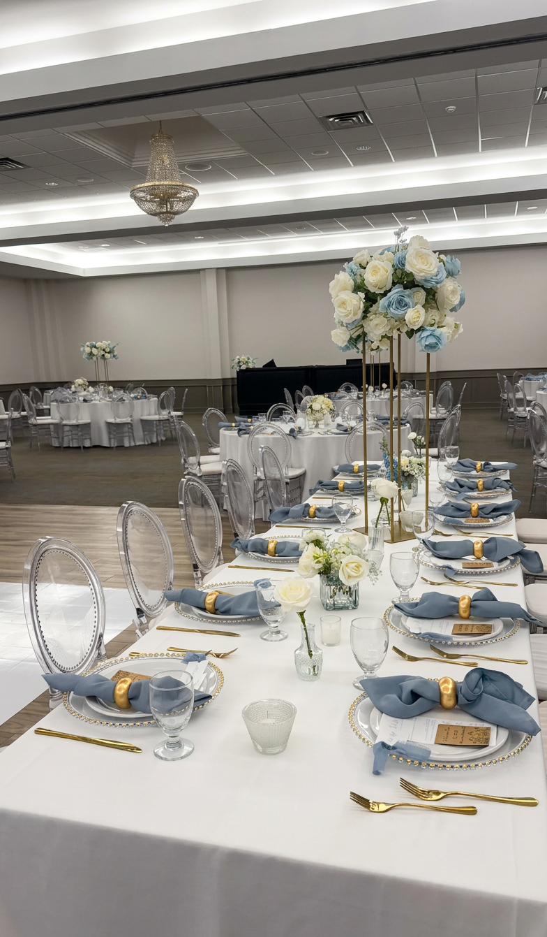 Elegant blue and white reception tablescape with tall floral centerpieces
