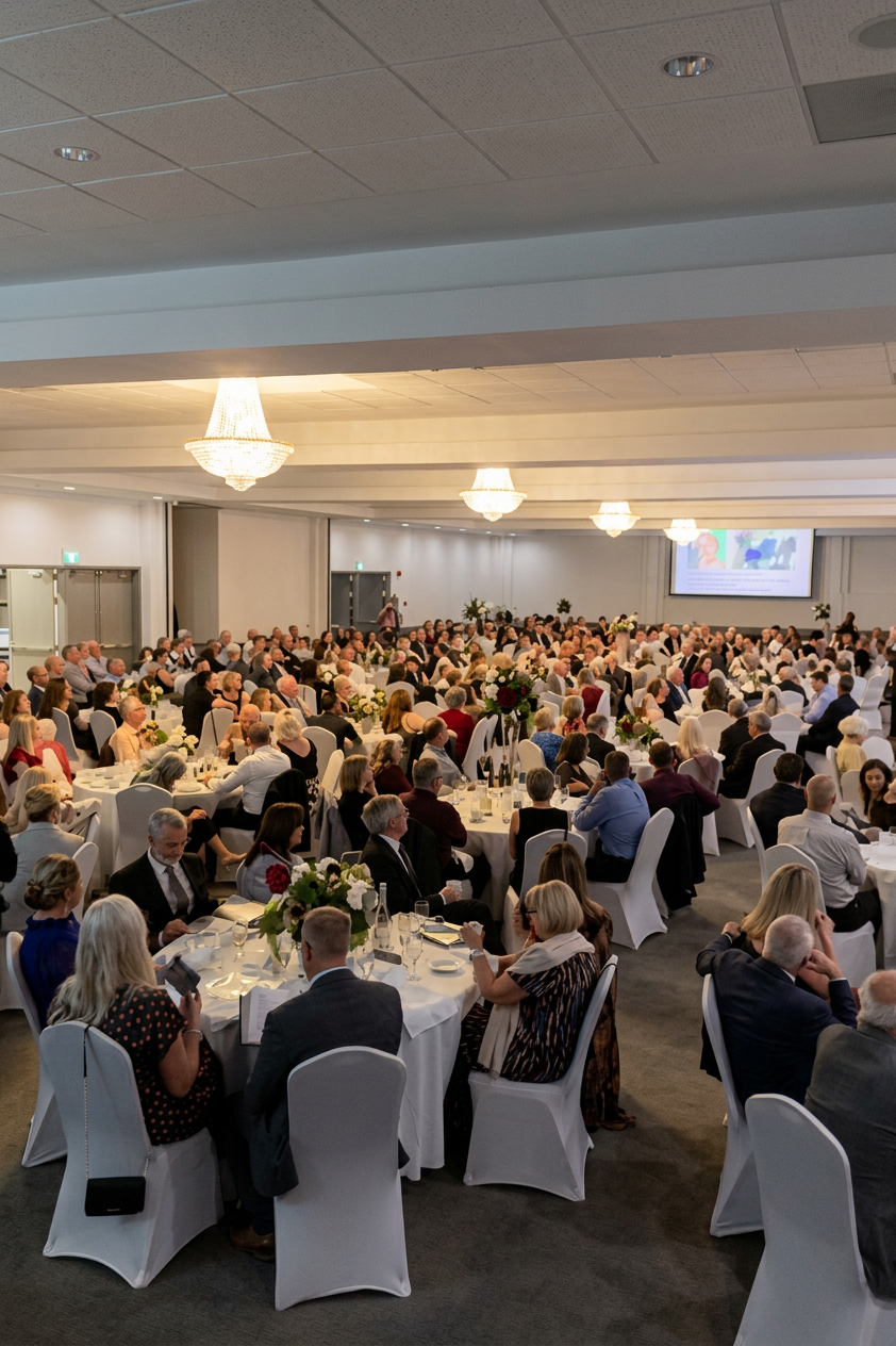 Grand banquet hall filled with guests at a formal celebration