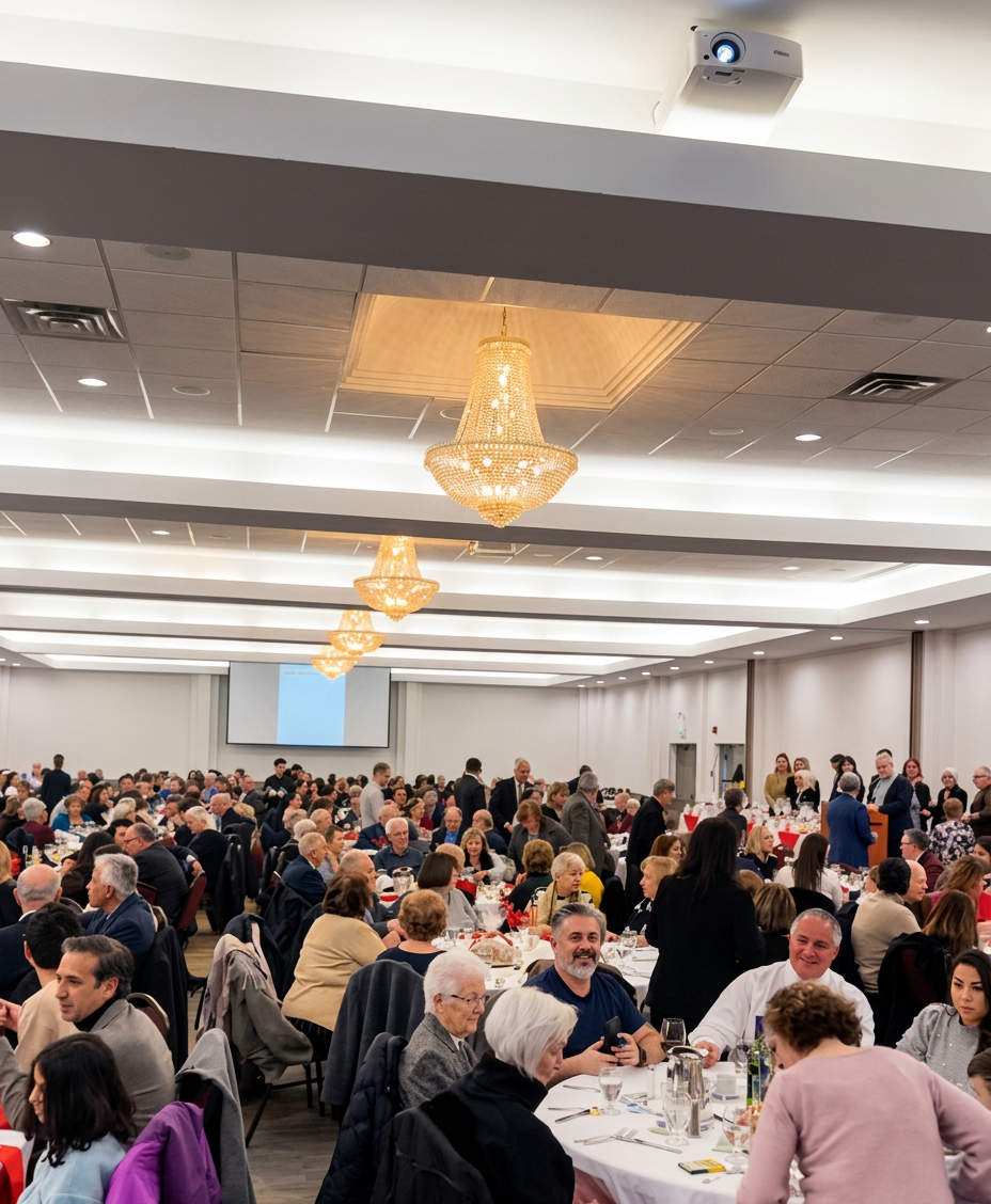 Large corporate banquet with guests seated beneath chandeliers