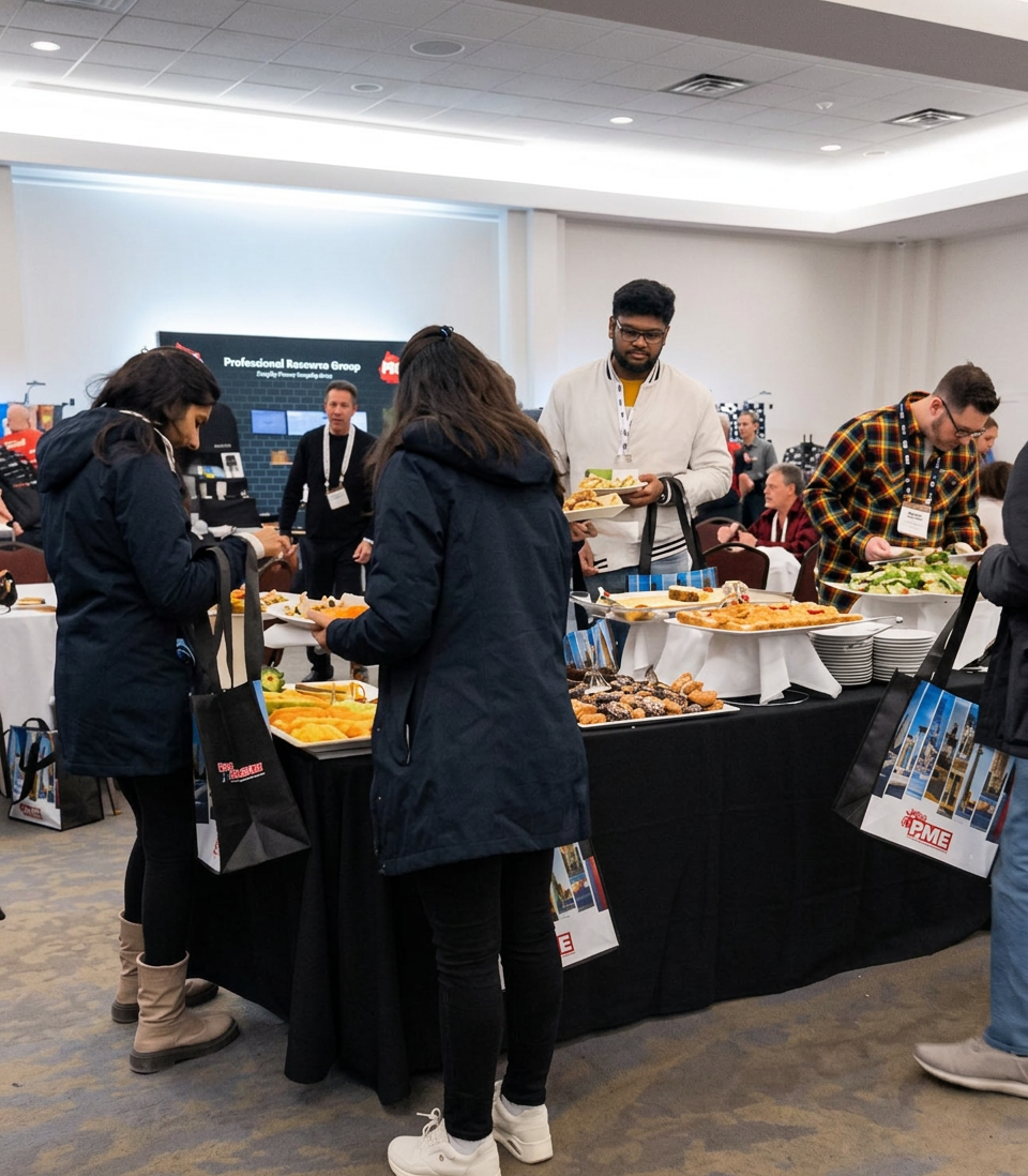 Guests networking around a catered buffet station at an event