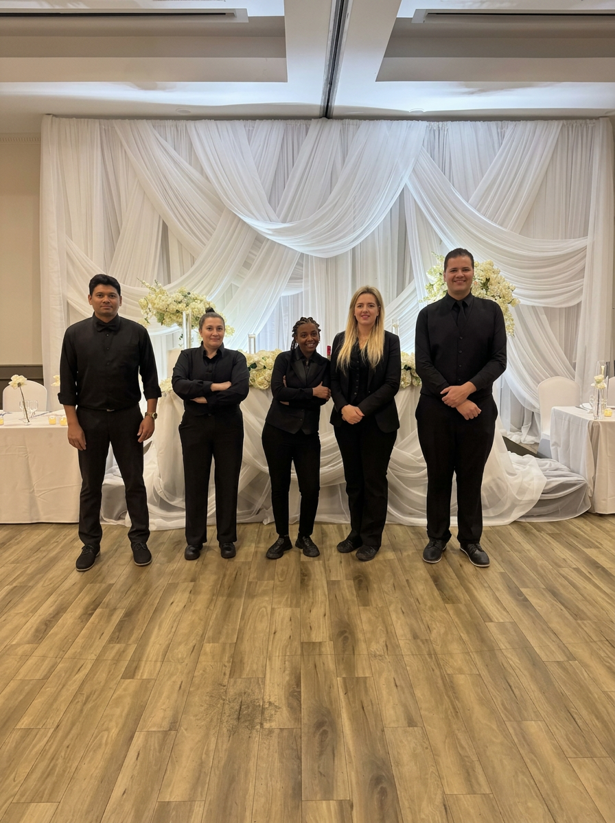Event team standing in front of a draped ceremony backdrop