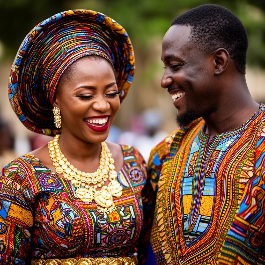 Nigerian wedding couple in traditional aso-ebi attire with gele headwrap