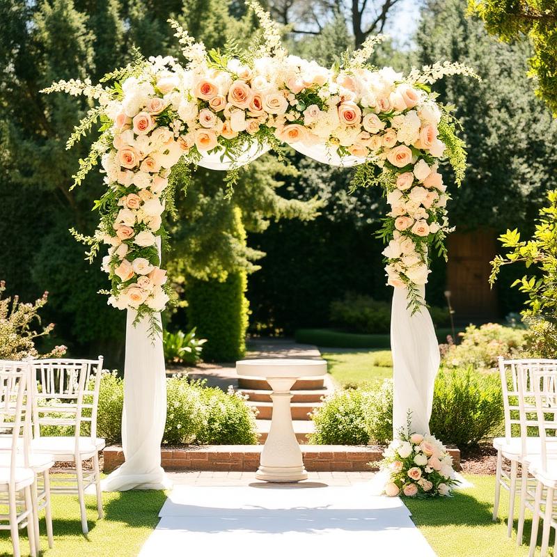Cascading floral ceremony arch in a garden