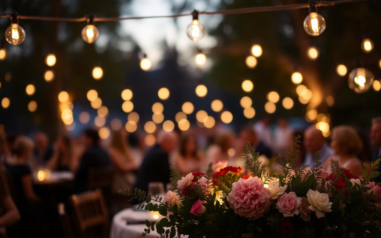Outdoor social event under string lights